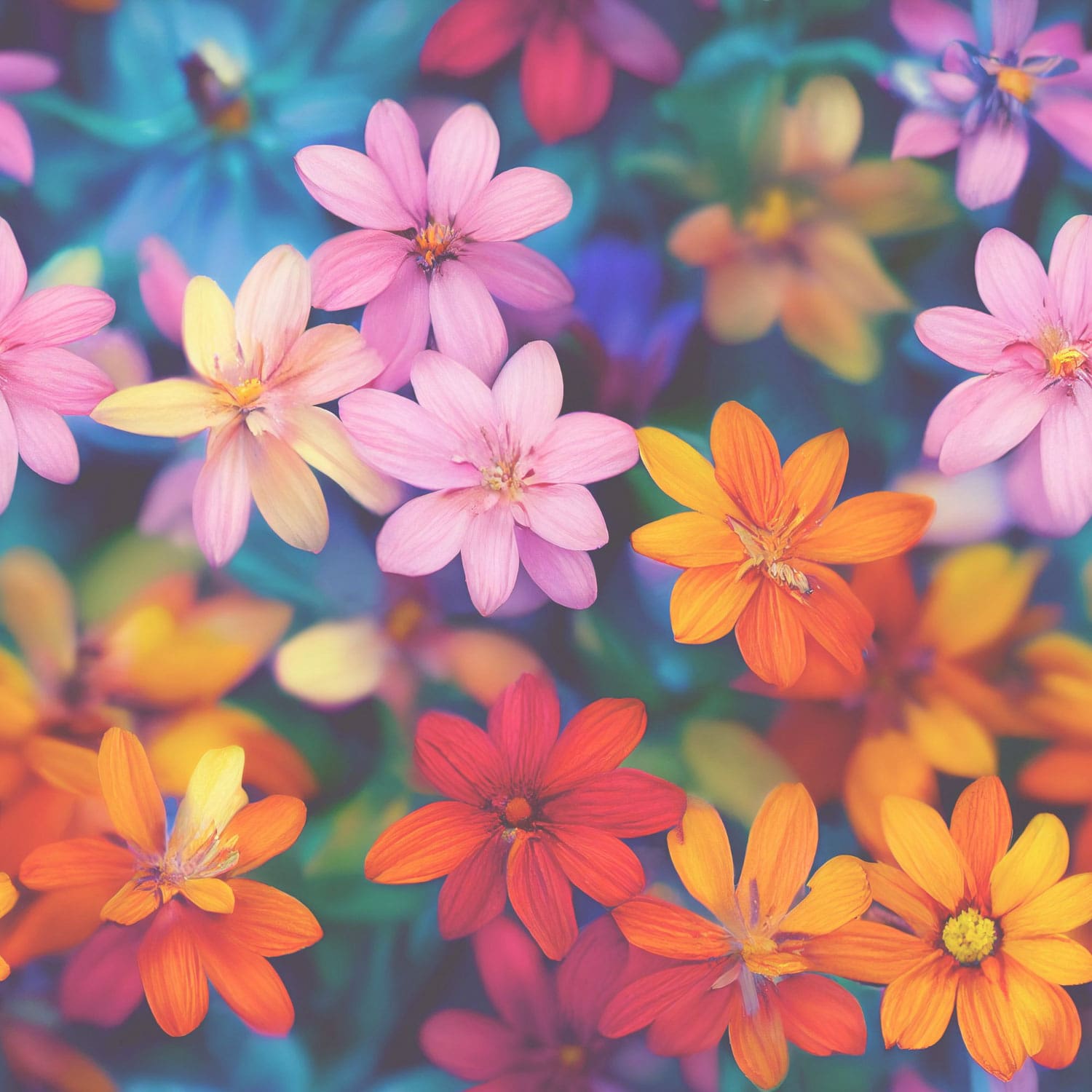 Dense field of bright pink, orange, yellow and red flowers against soft blue and purple blooms