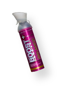 Boost Oxygen Balance can in magenta with a white mask cap