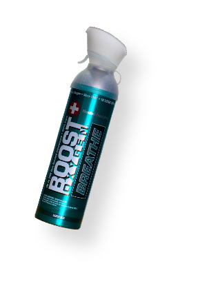 Boost Oxygen Breathe can in teal with a white mask cap