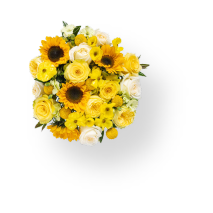 Top-down view of a yellow and white bouquet of sunflowers and roses