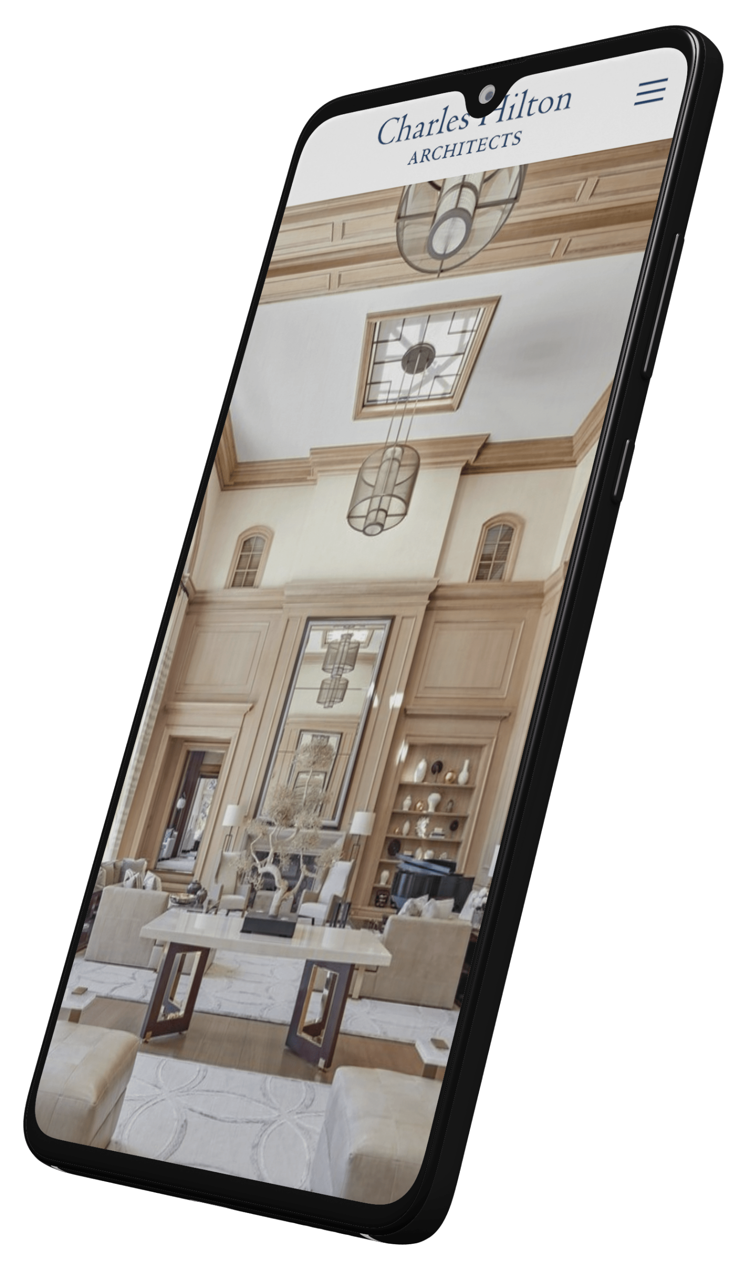 Smartphone showing the Charles Hilton Architects mobile website with a photo of a paneled double-height living room
