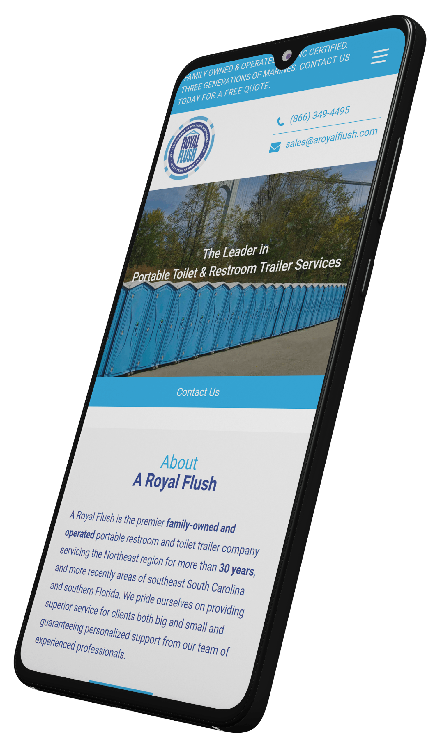 Smartphone showing the A Royal Flush mobile website with a row of blue portable toilets and an About section