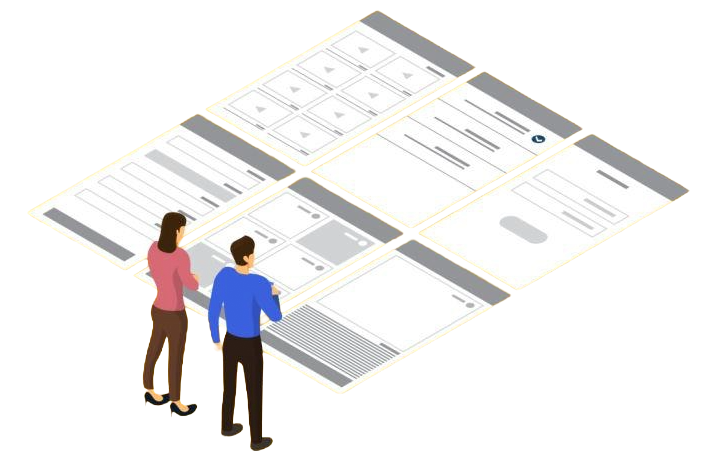 Two people review a grid of website wireframes displayed as floating tiles on the floor plane.