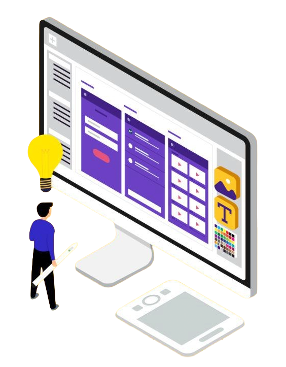 Isometric illustration of a designer standing with a large pencil, viewing a monitor showing a multi-panel UI design mockup with purple modules and icons