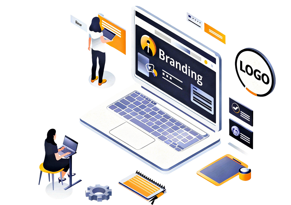Isometric illustration of a laptop displaying branding elements, with people working on laptops and design tools around it, representing branding and web design.