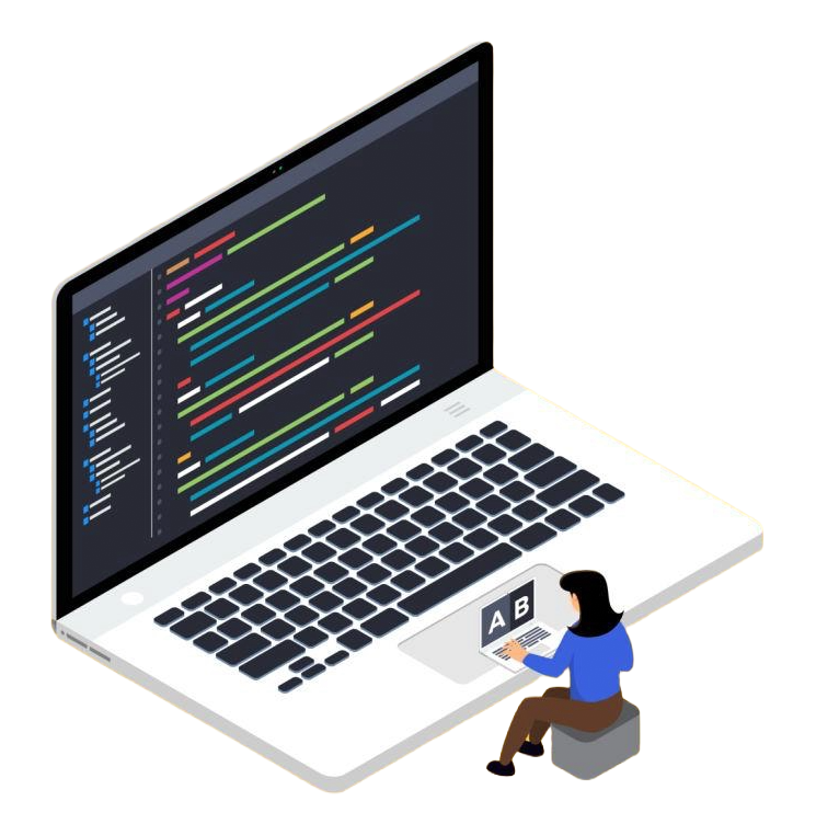 Isometric illustration of a person sitting at a laptop with colorful code on the screen, next to A/B testing cards reading A and B