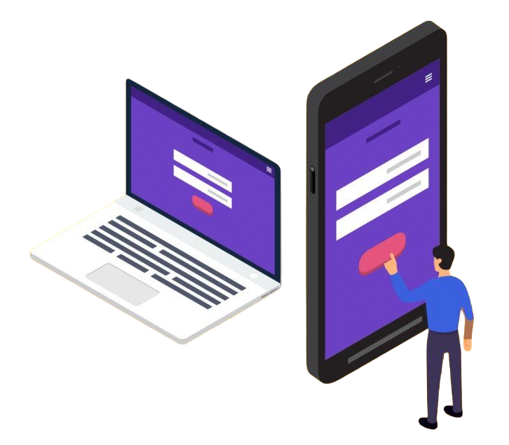 Isometric illustration of a laptop and a tall smartphone with purple login forms; a person taps a pink login button on the phone.
