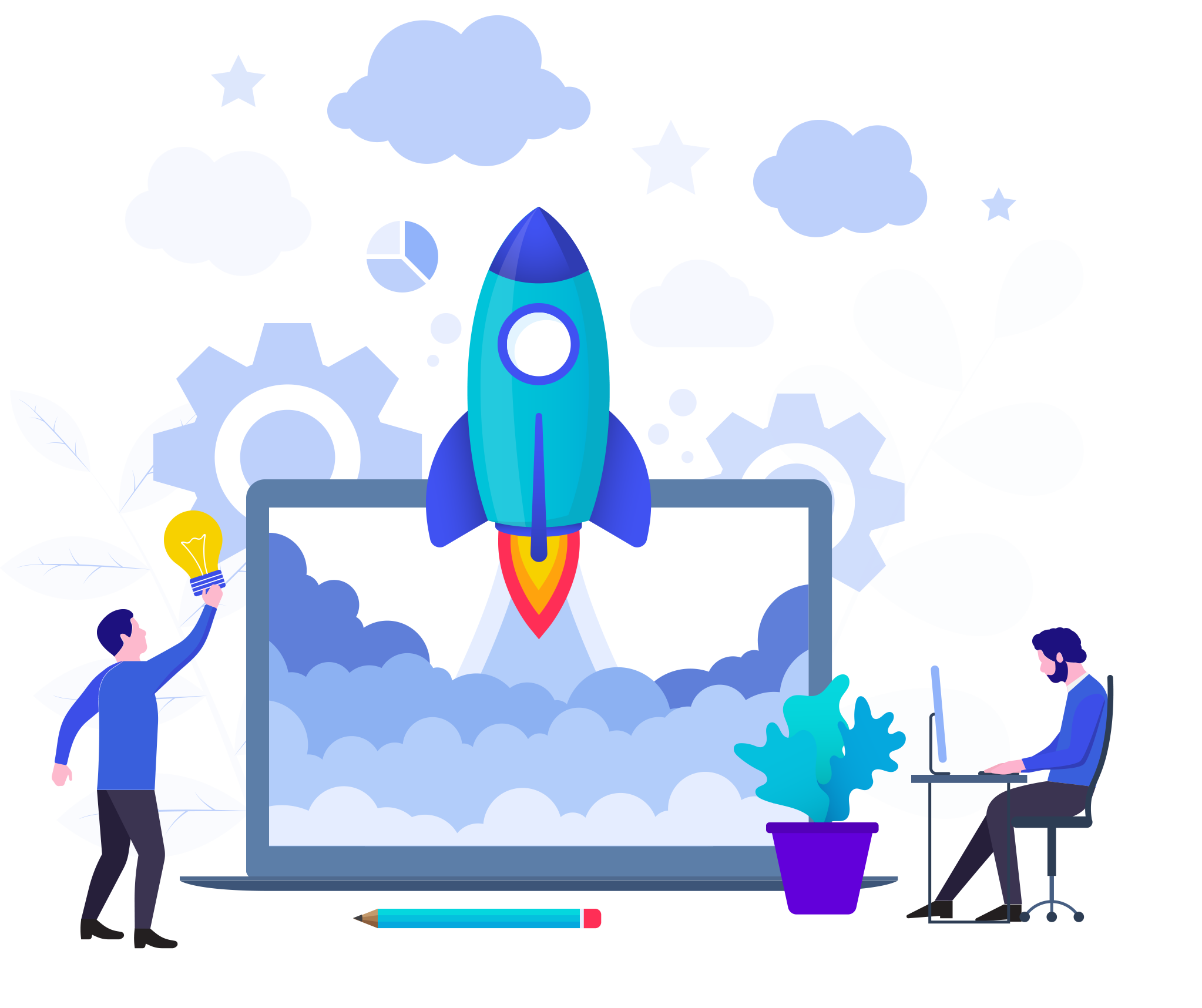 Rocket launching from a laptop screen with a team celebrating and tech icons around it (gears, lightbulbs).