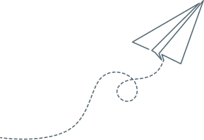 Blue line drawing of a paper airplane with a dashed curved flight trail