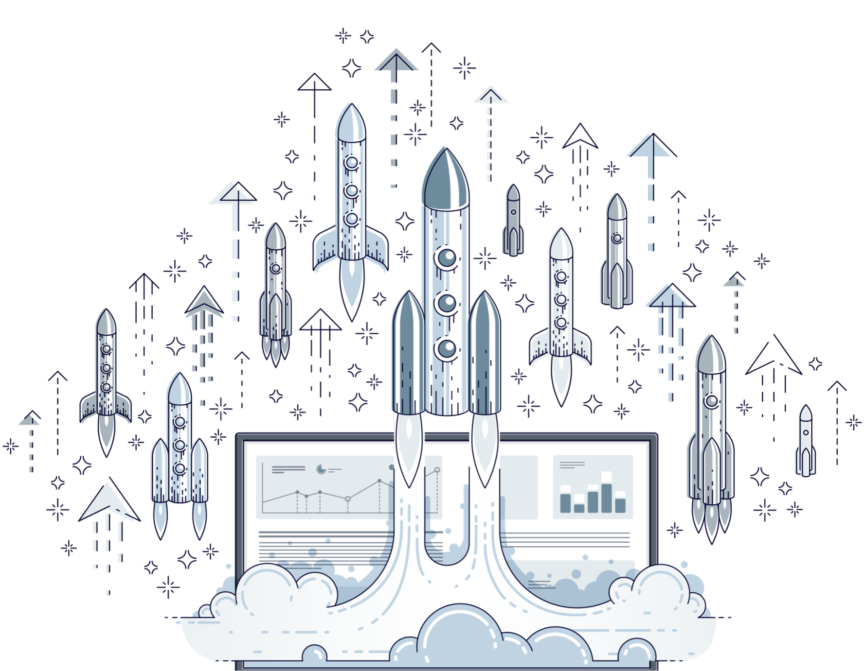 Rockets launching from a laptop screen, with arrows and sparkles symbolizing startup growth and tech innovation.