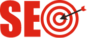 SEO logo featuring a red bullseye target with an arrow hitting the center to symbolize targeted optimization