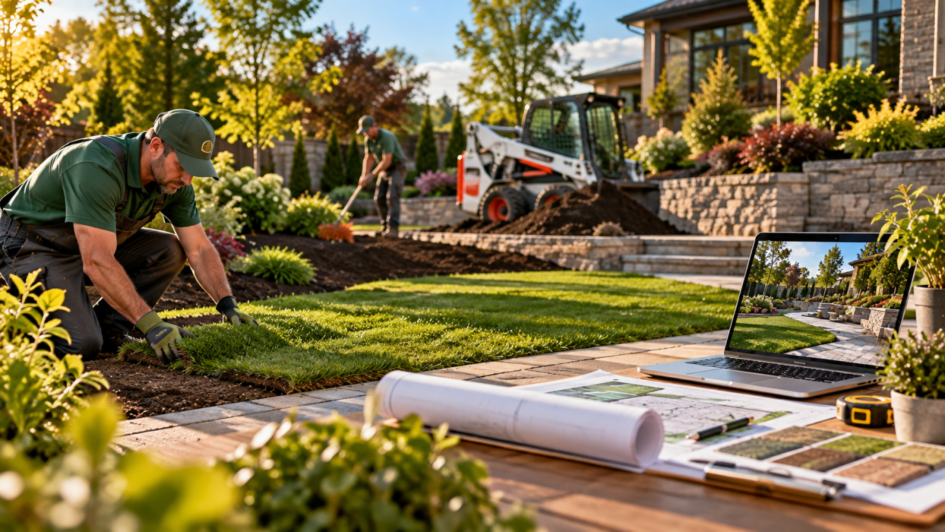 Professional landscaping company completing a residential landscape project