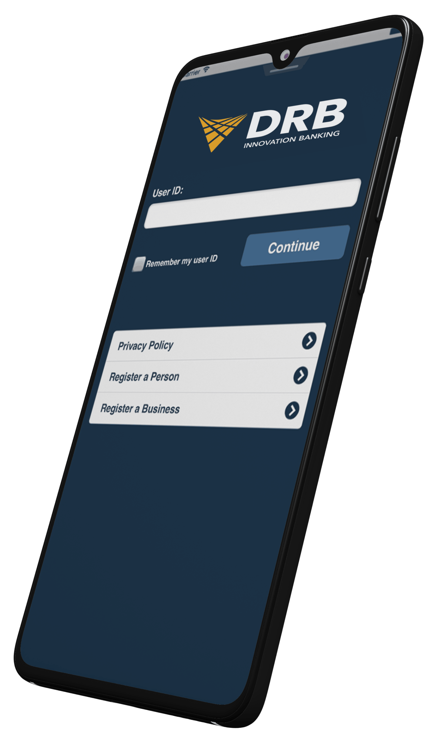 Smartphone showing the DR Bank mobile banking login screen with a user ID field and registration options